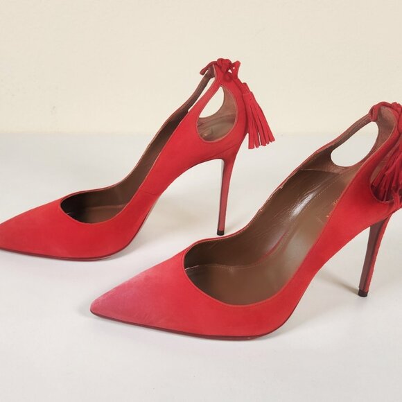 Aquazzura Red Suede Tassel Accents Pointed-Toe Stiletto Pumps - Picture 1 of 5
